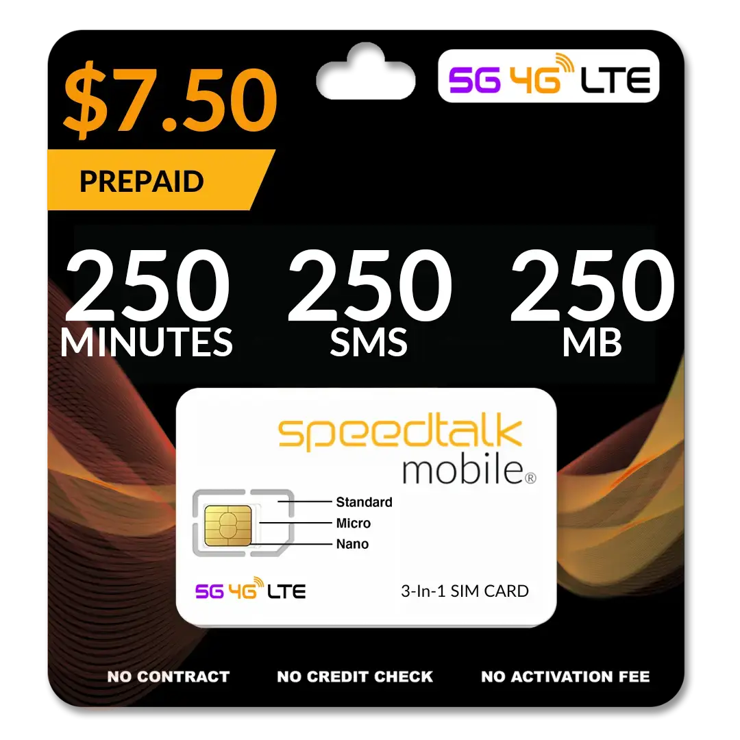 $7.50 A Month Prepaid 250 Minutes 250 SMS Phone Plan - 250MB Data SIM Card