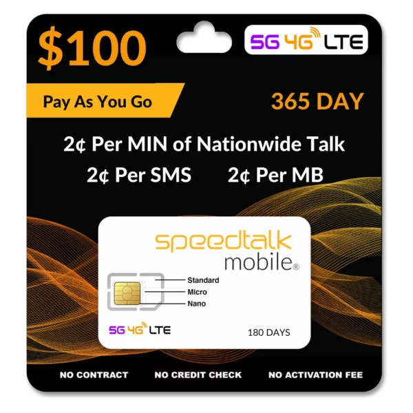 $100 Pay As You Go Prepaid Talk, Text & Data 365 Day Phone Plan